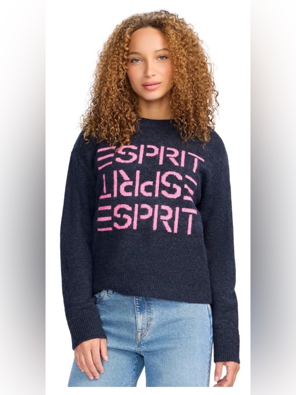 ESPRIT Women’s Crewneck Logo Sweater, Navy/Pink, Retro 80s, Various Sizes